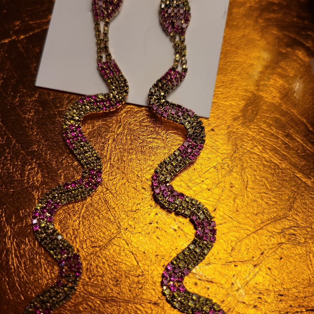 Betsey Johnson Green and Pink Snake Duster Earrings.  They are 5 inches long.